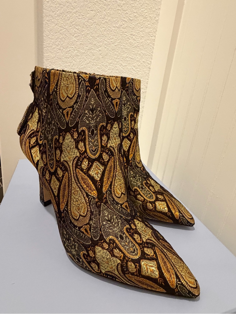 ANTONIO MELANI Gold & Black Paisley Jacquard Ankle Boots